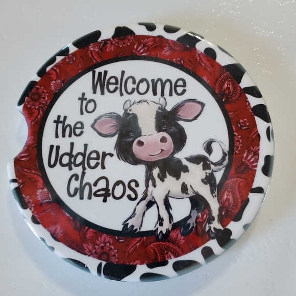 Set Of 2 Ceramic Car Coasters Welcome to the Udder Chaos Cow - Picture 2 of 6